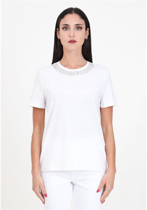 White women's t-shirt with cascade of stones and rhinestones ONLY | 15315522Bright White